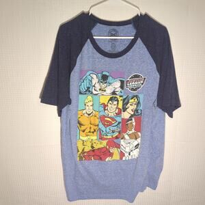 DC Comics 2XL Raglan Baseball Tee Justice League Graphic Shirt Blue Navy Mens